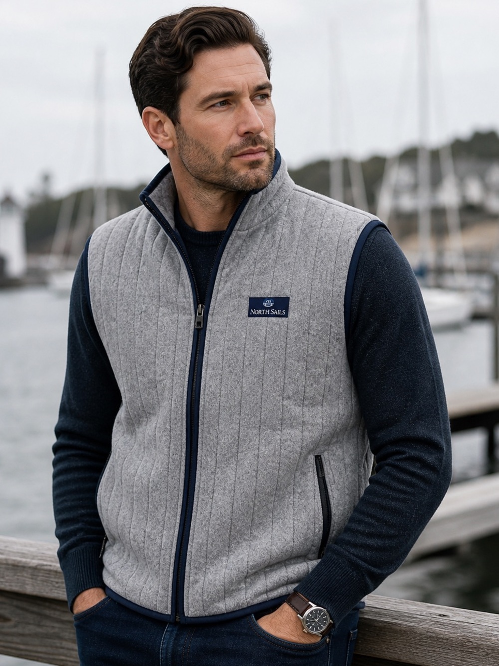 North Sails Polartec Fleece Vest Large Gray Full Zip Quilted Pockets Men